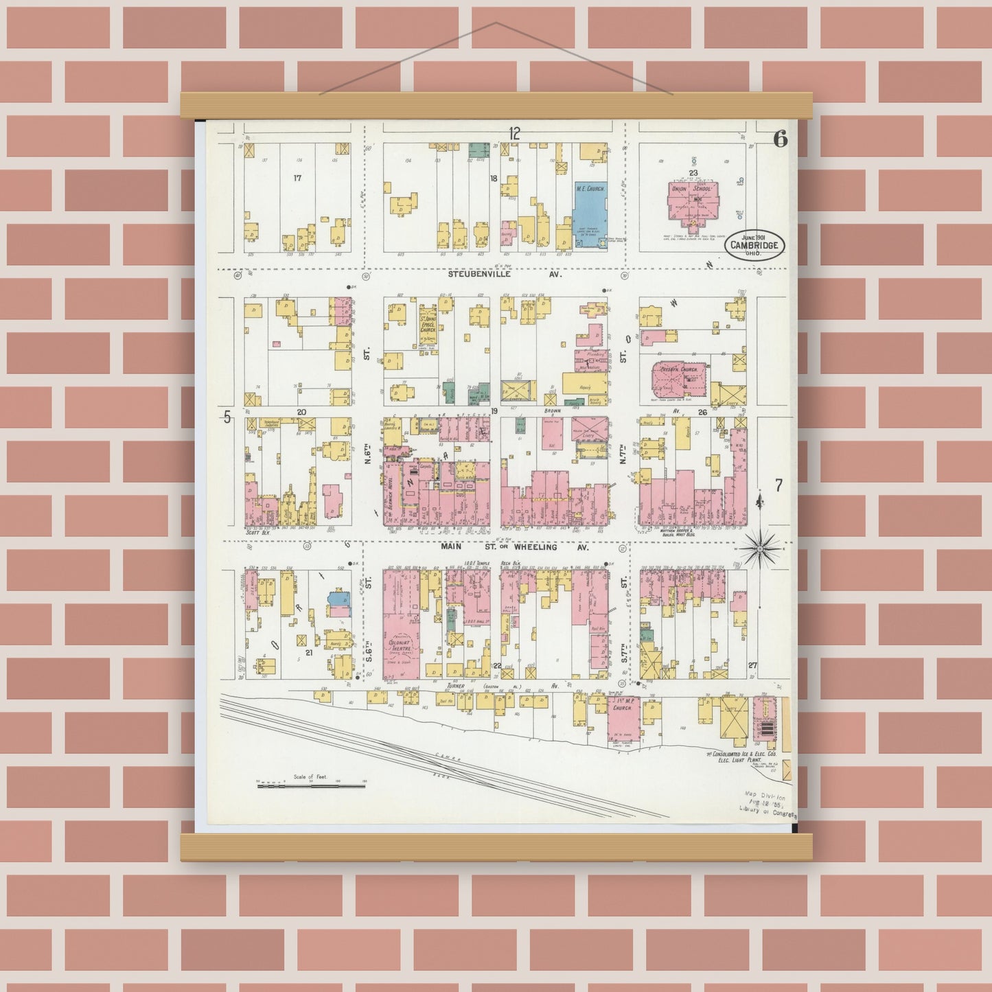 Old map wall art mockup — magnetic wood frame on brick wall — Sanborn Fire Insurance Map from Cambridge, Guernsey County, Ohio (1901), Sheet #0006