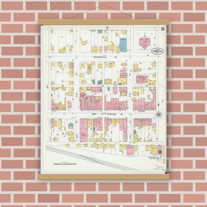 Old map wall art mockup — magnetic wood frame on brick wall — Sanborn Fire Insurance Map from Cambridge, Guernsey County, Ohio (1901), Sheet #0006