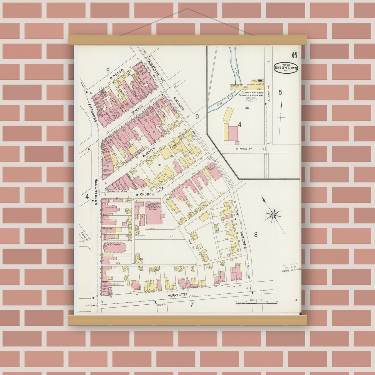 Old map wall art mockup — magnetic wood frame on brick wall — Sanborn Fire Insurance Map from Uniontown, Fayette County, Pennsylvania (1896), Sheet #0006