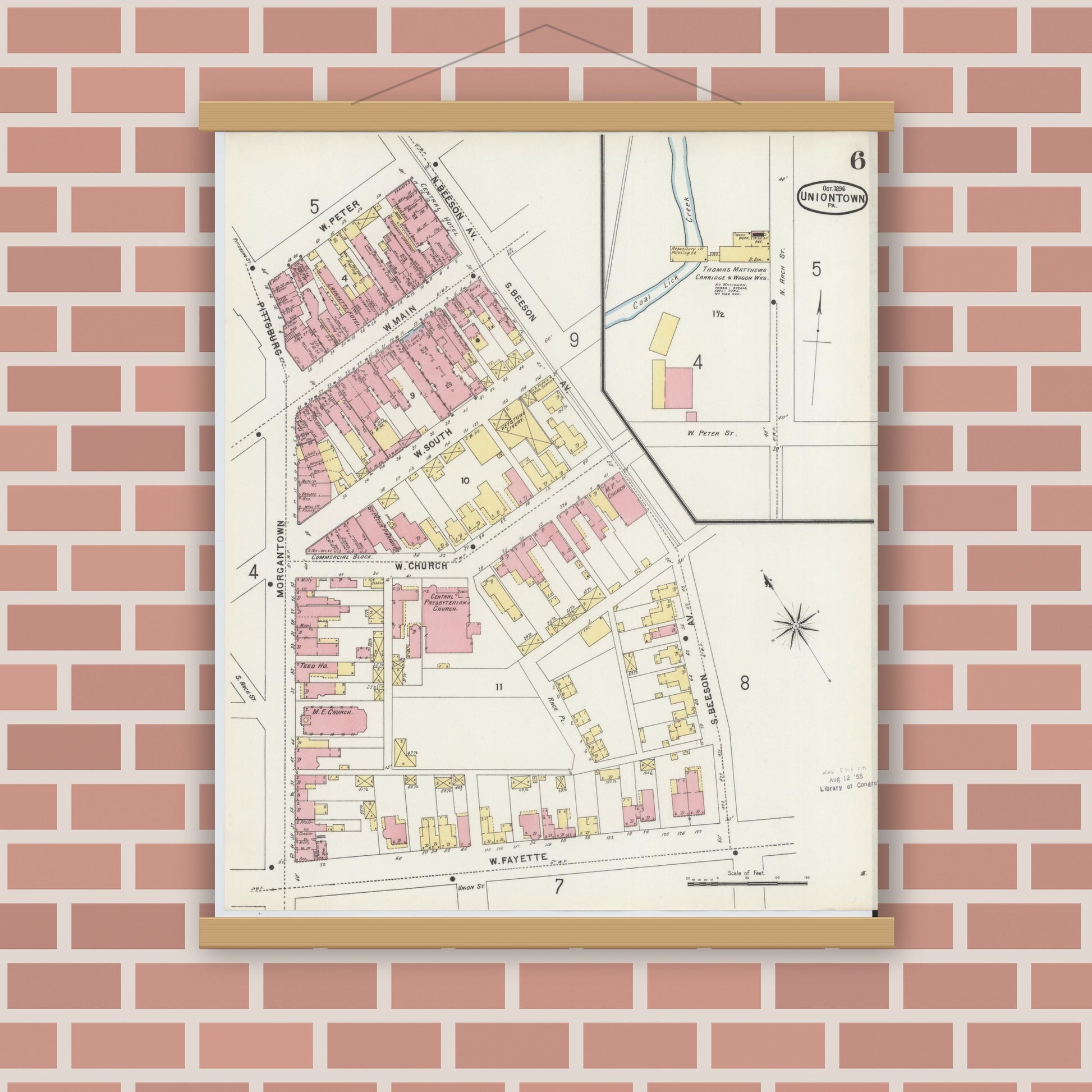 Old map wall art mockup — magnetic wood frame on brick wall — Sanborn Fire Insurance Map from Uniontown, Fayette County, Pennsylvania (1896), Sheet #0006