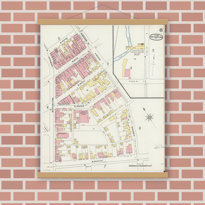 Old map wall art mockup — magnetic wood frame on brick wall — Sanborn Fire Insurance Map from Uniontown, Fayette County, Pennsylvania (1896), Sheet #0006