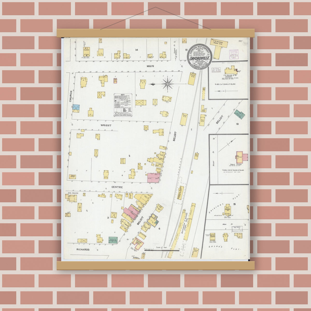 Old map wall art mockup — magnetic wood frame on brick wall — Sanborn Fire Insurance Map from Orfordville, Rock County, Wisconsin (1904), Sheet #0001