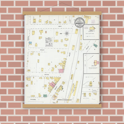 Old map wall art mockup — magnetic wood frame on brick wall — Sanborn Fire Insurance Map from Orfordville, Rock County, Wisconsin (1904), Sheet #0001