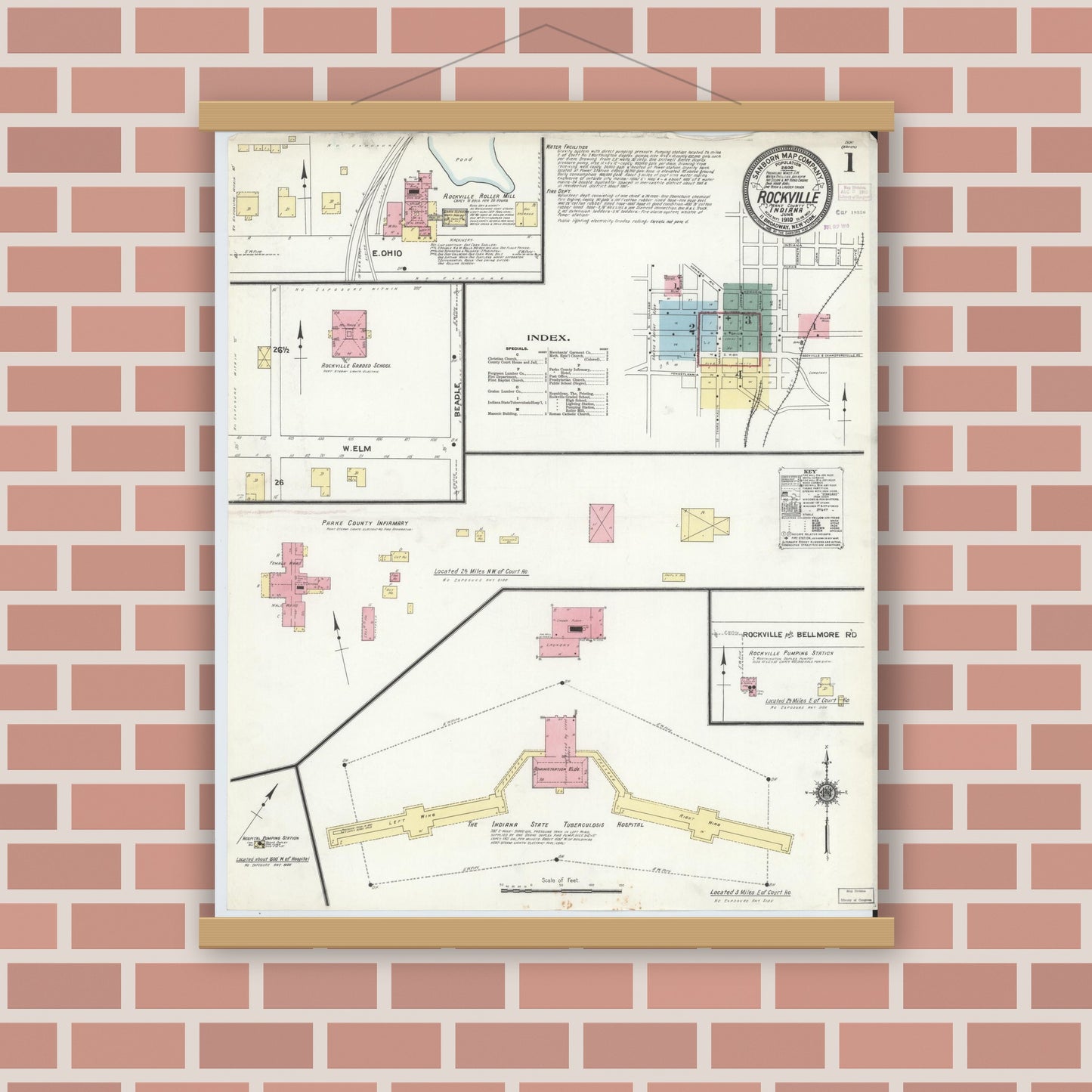 Old map wall art mockup — magnetic wood frame on brick wall — Sanborn Fire Insurance Map from Rockville, Parke County, Indiana (1910), Sheet #0001