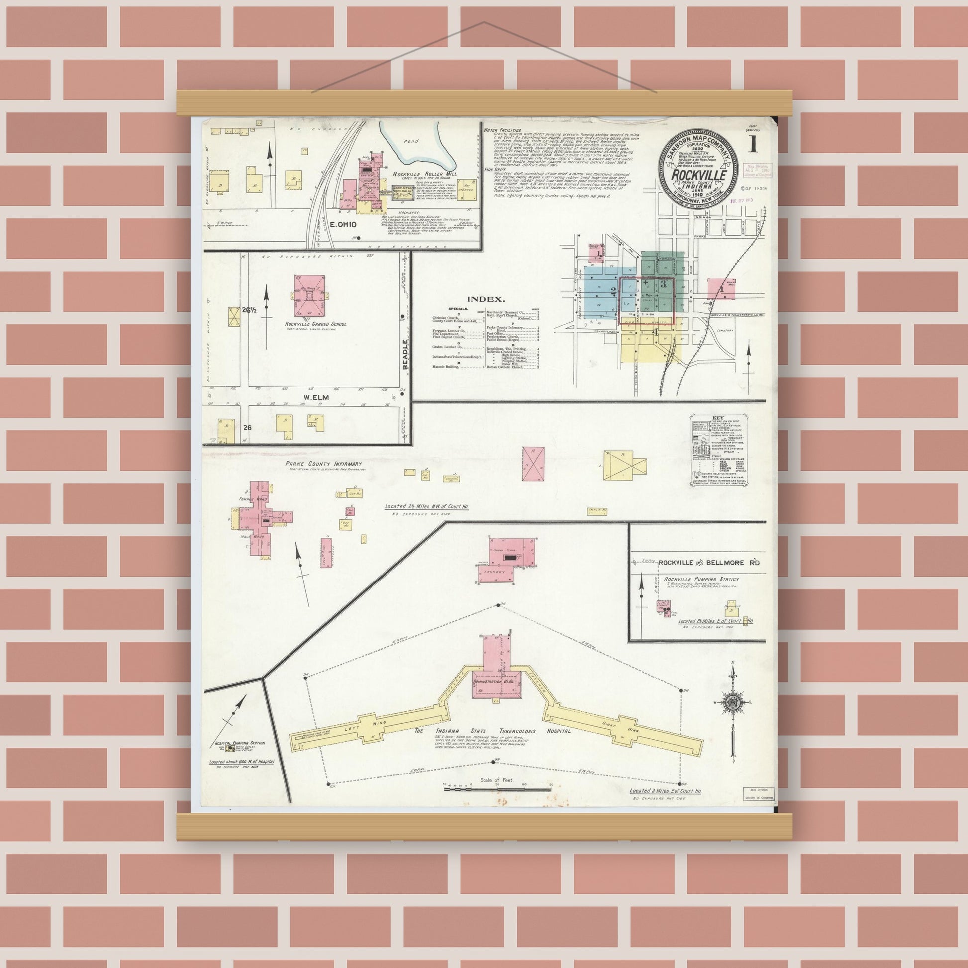 Old map wall art mockup — magnetic wood frame on brick wall — Sanborn Fire Insurance Map from Rockville, Parke County, Indiana (1910), Sheet #0001