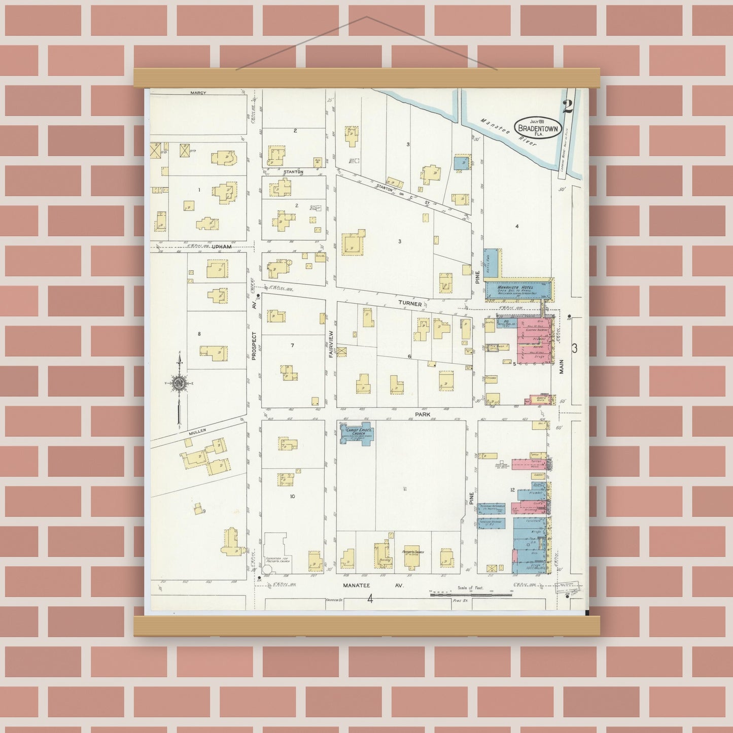 Old map wall art mockup — magnetic wood frame on brick wall — Sanborn Fire Insurance Map from Bradentown, Manatee County, Florida (1911), Sheet #0002