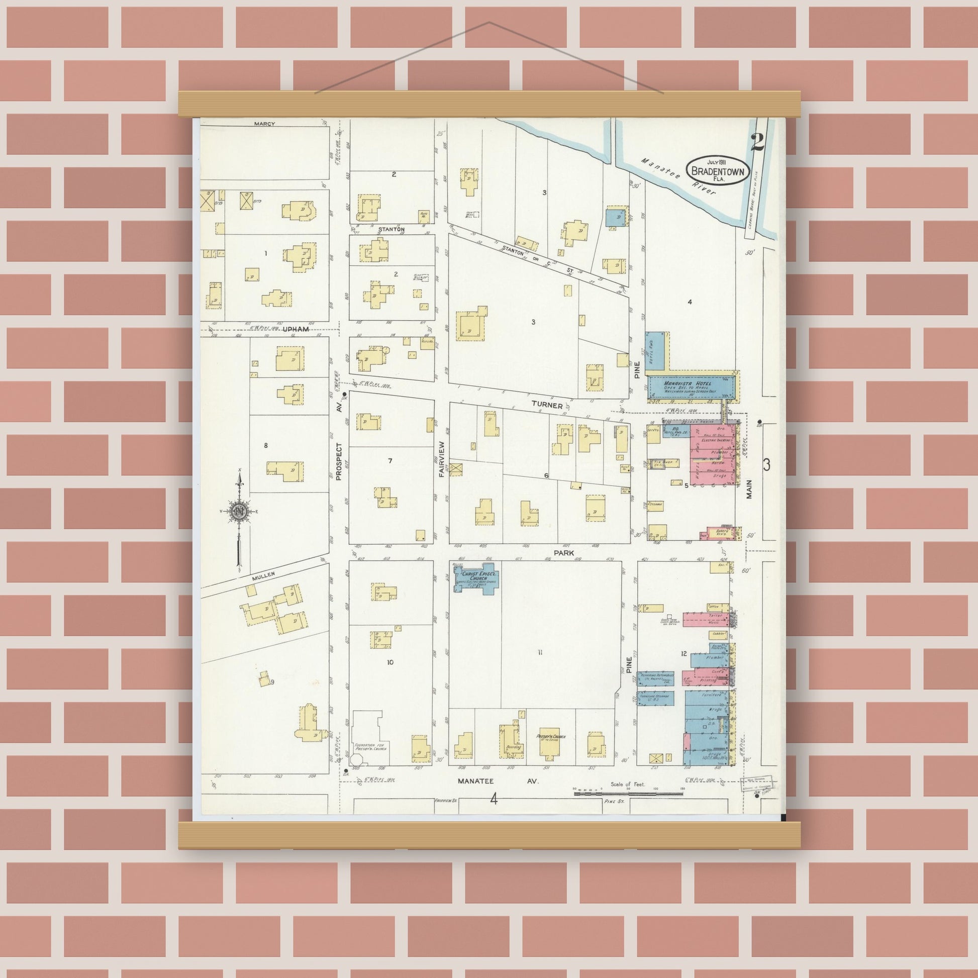 Old map wall art mockup — magnetic wood frame on brick wall — Sanborn Fire Insurance Map from Bradentown, Manatee County, Florida (1911), Sheet #0002