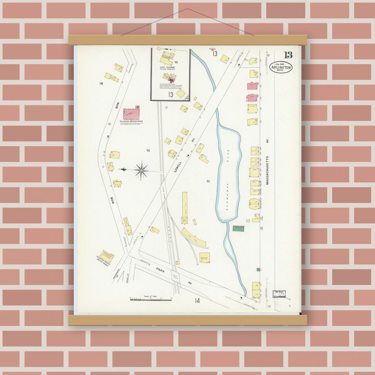 Old map wall art mockup — magnetic wood frame on brick wall — Sanborn Fire Insurance Map from Arlington, Middlesex County, Massachusetts (1908), Sheet #0013
