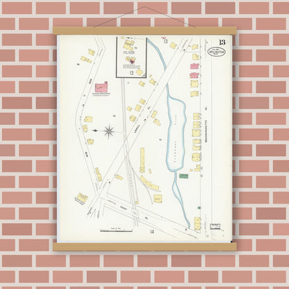 Old map wall art mockup — magnetic wood frame on brick wall — Sanborn Fire Insurance Map from Arlington, Middlesex County, Massachusetts (1908), Sheet #0013