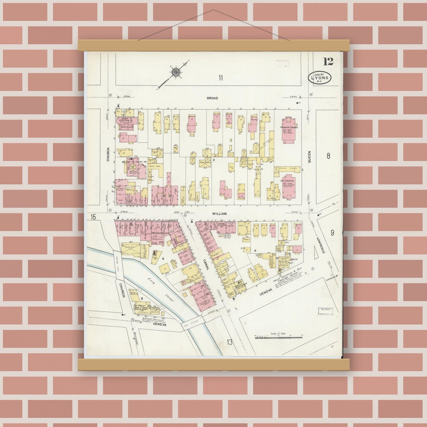 Old map wall art mockup — magnetic wood frame on brick wall — Sanborn Fire Insurance Map from Lyons, Wayne County, New York (1911), Sheet #0012
