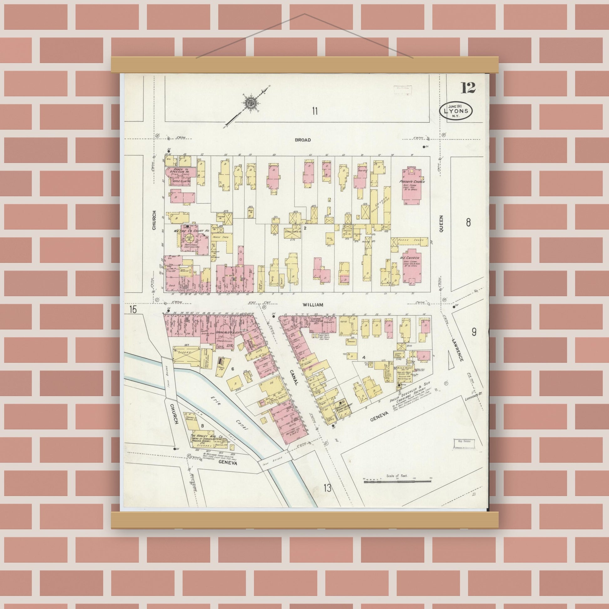 Old map wall art mockup — magnetic wood frame on brick wall — Sanborn Fire Insurance Map from Lyons, Wayne County, New York (1911), Sheet #0012