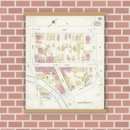 Old map wall art mockup — magnetic wood frame on brick wall — Sanborn Fire Insurance Map from Lyons, Wayne County, New York (1911), Sheet #0012