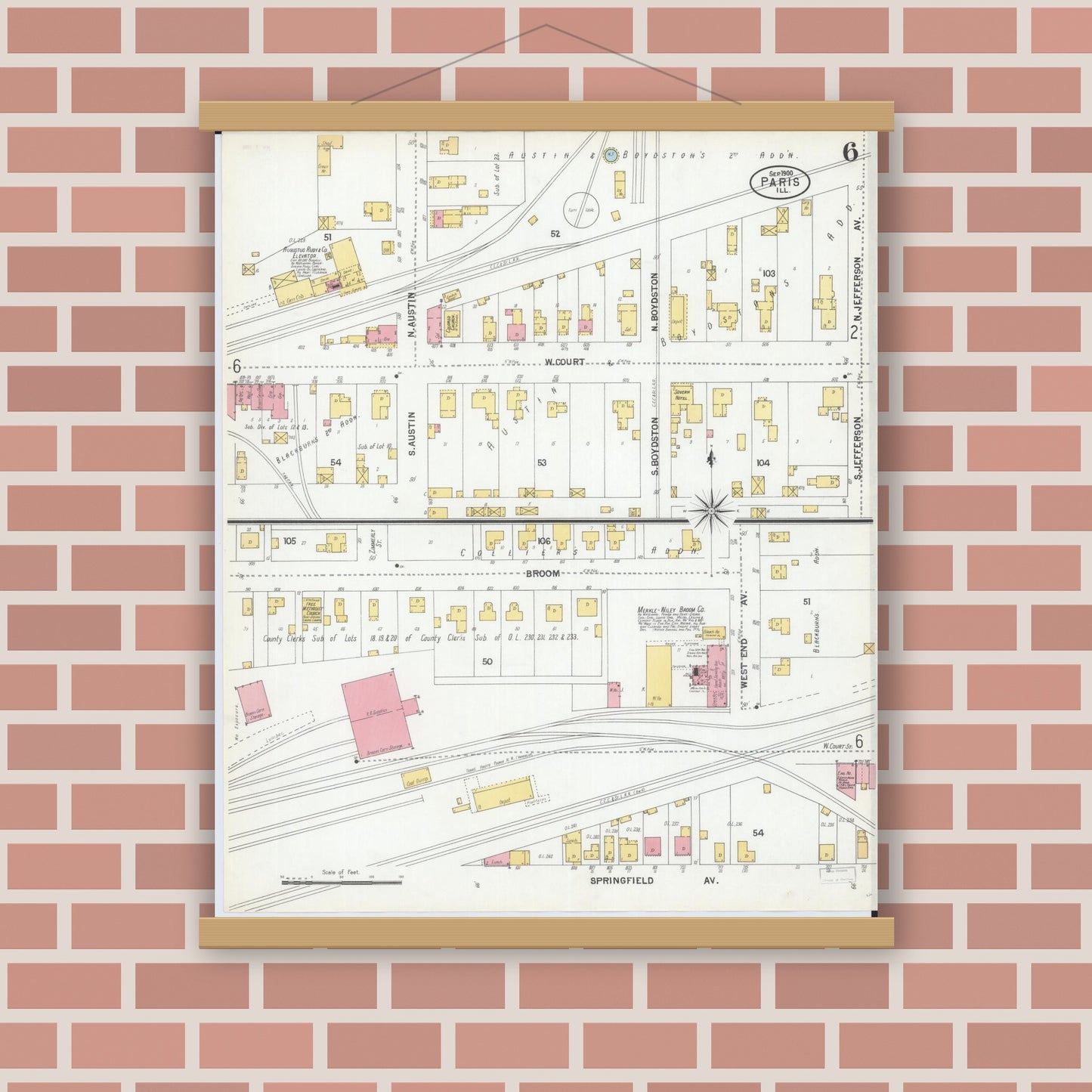 Old map wall art mockup — magnetic wood frame on brick wall — Sanborn Fire Insurance Map from Paris, Edgar County, Illinois (1900), Sheet #0006
