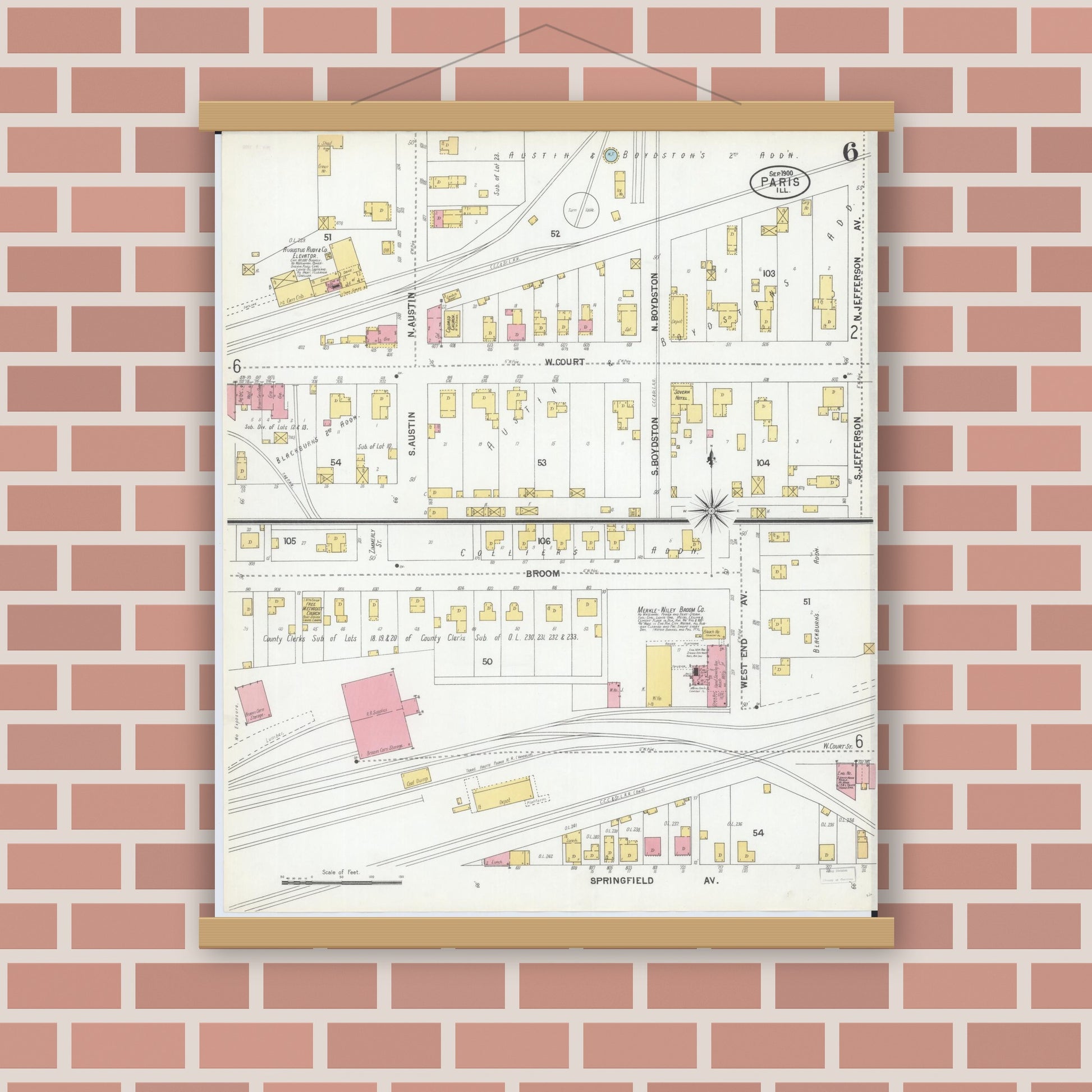 Old map wall art mockup — magnetic wood frame on brick wall — Sanborn Fire Insurance Map from Paris, Edgar County, Illinois (1900), Sheet #0006
