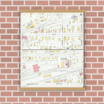 Old map wall art mockup — magnetic wood frame on brick wall — Sanborn Fire Insurance Map from Paris, Edgar County, Illinois (1900), Sheet #0006