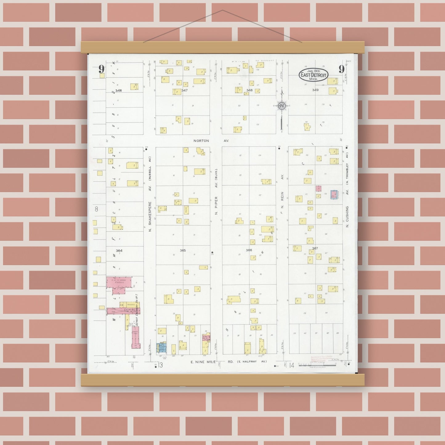 Old map wall art mockup — magnetic wood frame on brick wall — Sanborn Fire Insurance Map from East Detroit, Macomb County, Michigan (1931), Sheet #0009