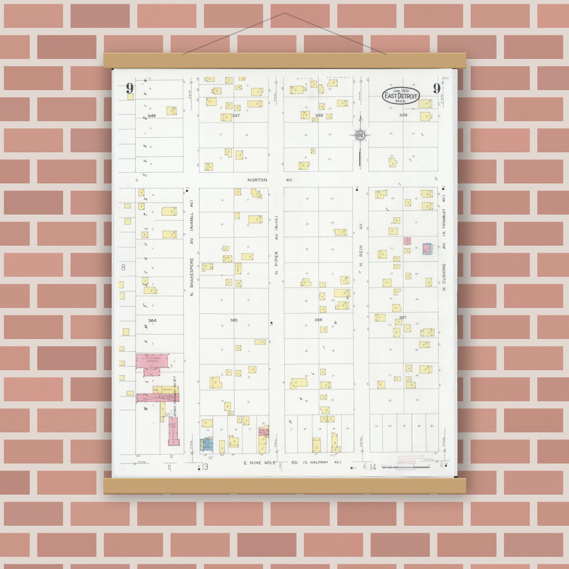 Old map wall art mockup — magnetic wood frame on brick wall — Sanborn Fire Insurance Map from East Detroit, Macomb County, Michigan (1931), Sheet #0009