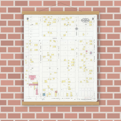 Old map wall art mockup — magnetic wood frame on brick wall — Sanborn Fire Insurance Map from East Detroit, Macomb County, Michigan (1931), Sheet #0009