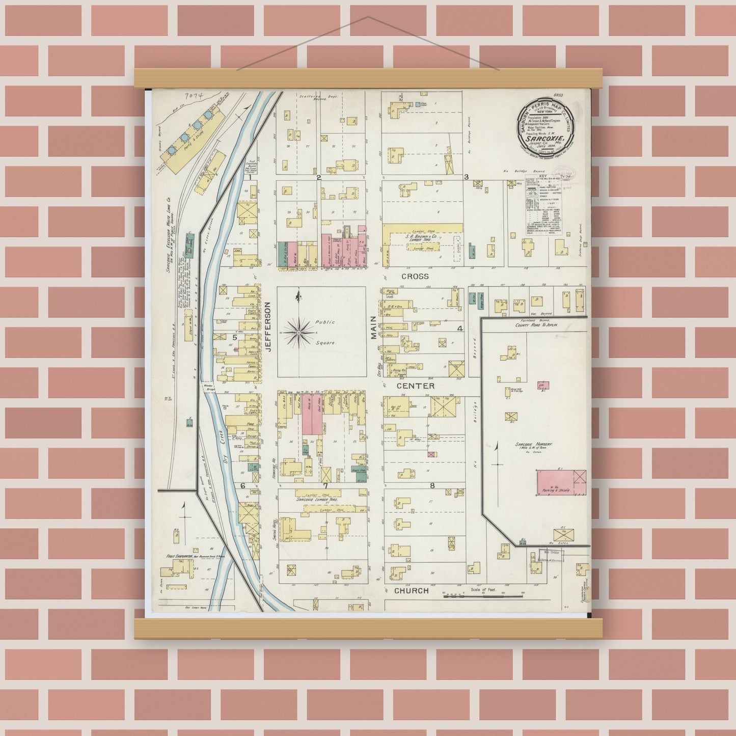 Old map wall art mockup — magnetic wood frame on brick wall — Sanborn Fire Insurance Map from Sarcoxie, Jasper County, Missouri (1894), Sheet #0001