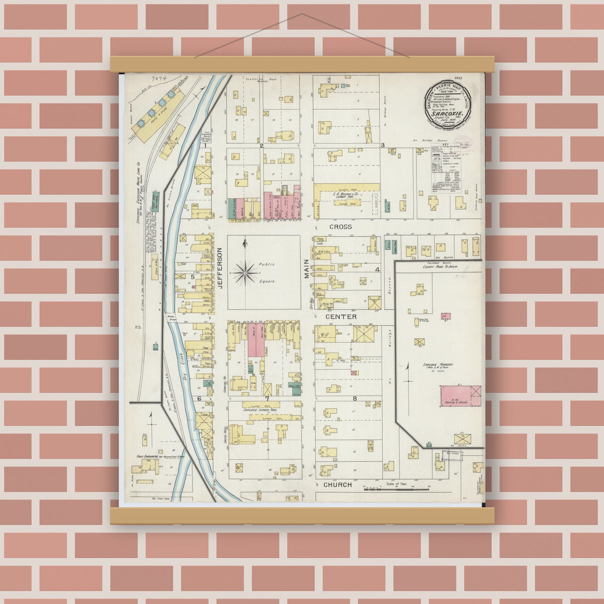 Old map wall art mockup — magnetic wood frame on brick wall — Sanborn Fire Insurance Map from Sarcoxie, Jasper County, Missouri (1894), Sheet #0001