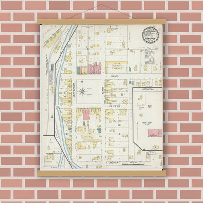 Old map wall art mockup — magnetic wood frame on brick wall — Sanborn Fire Insurance Map from Sarcoxie, Jasper County, Missouri (1894), Sheet #0001