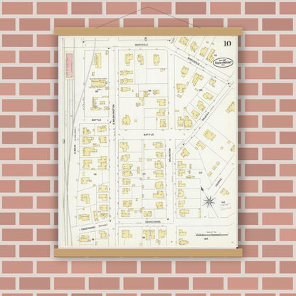 Old map wall art mockup — magnetic wood frame on brick wall — Sanborn Fire Insurance Map from Rocky Mount, Edgecombe And Nash Counties, North Carolina (1907), Sheet #0010