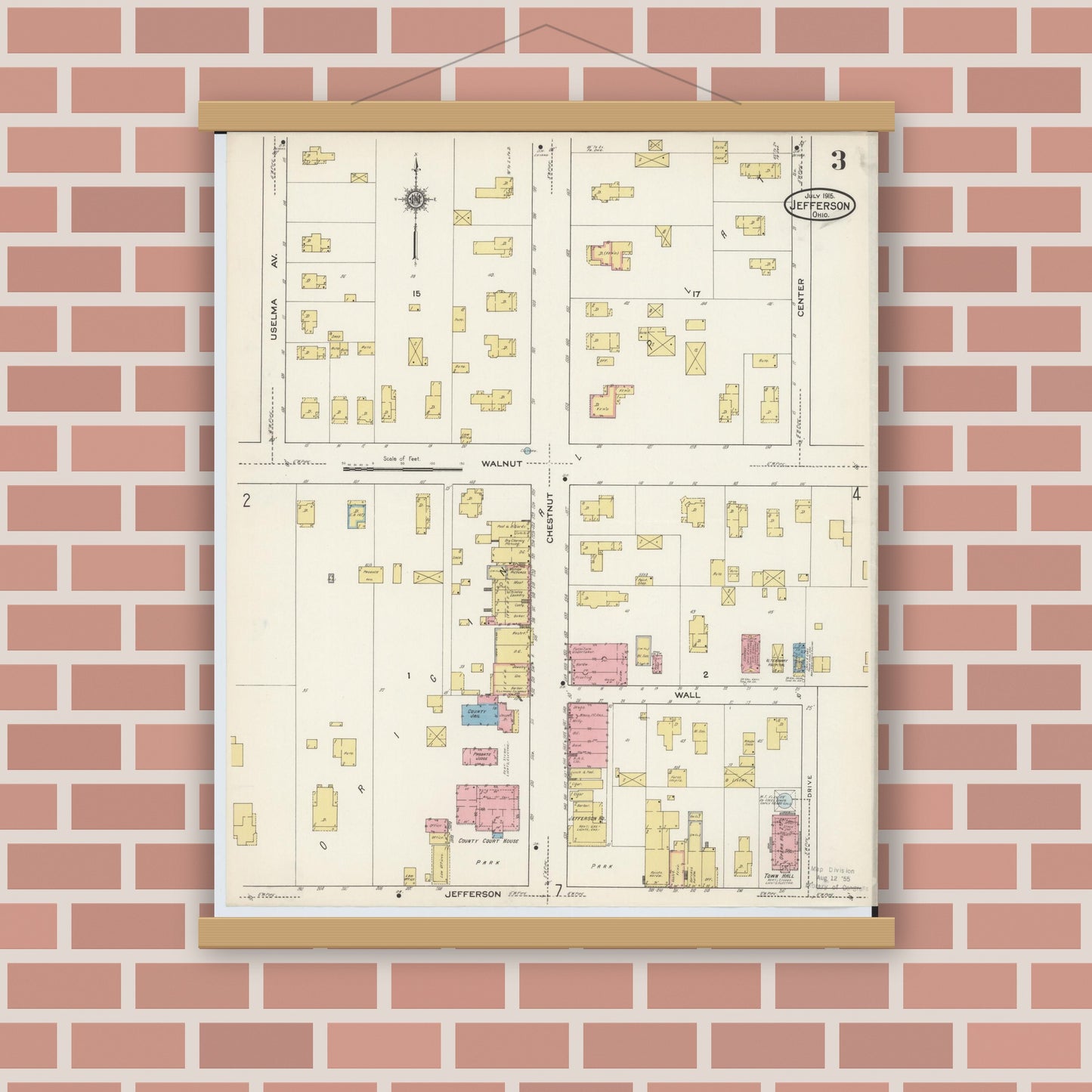 Old map wall art mockup — magnetic wood frame on brick wall — Sanborn Fire Insurance Map from Jefferson, Ashtabula County, Ohio (1915), Sheet #0003