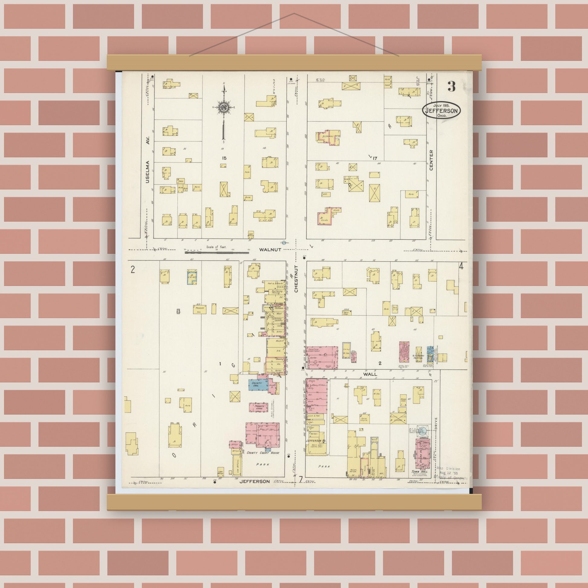 Old map wall art mockup — magnetic wood frame on brick wall — Sanborn Fire Insurance Map from Jefferson, Ashtabula County, Ohio (1915), Sheet #0003