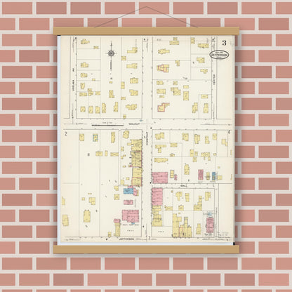 Old map wall art mockup — magnetic wood frame on brick wall — Sanborn Fire Insurance Map from Jefferson, Ashtabula County, Ohio (1915), Sheet #0003