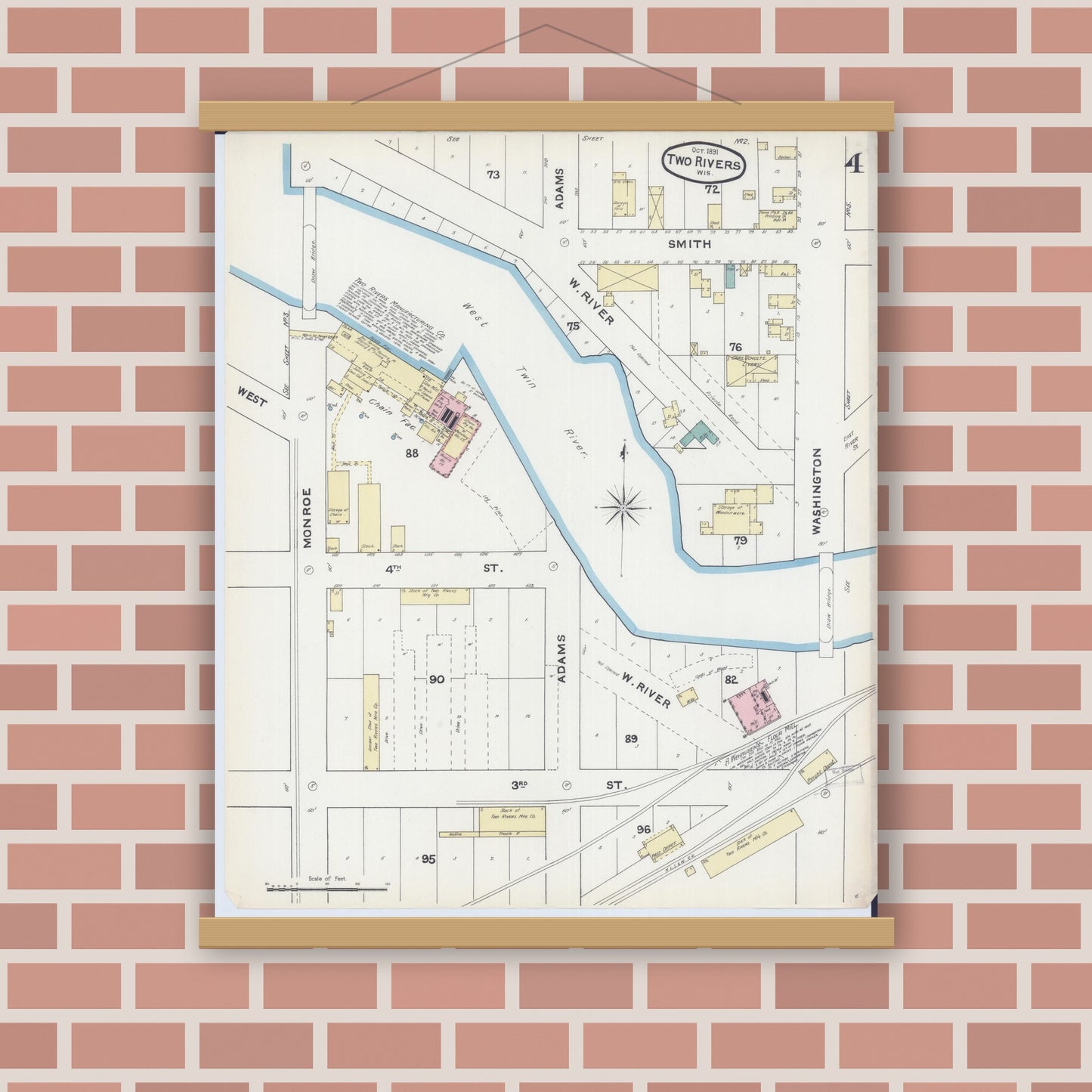 Old map wall art mockup — magnetic wood frame on brick wall — Sanborn Fire Insurance Map from Two Rivers, Manitowoc County, Wisconsin (1891), Sheet #0004