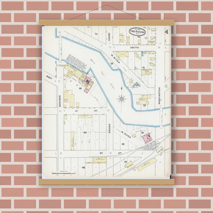 Old map wall art mockup — magnetic wood frame on brick wall — Sanborn Fire Insurance Map from Two Rivers, Manitowoc County, Wisconsin (1891), Sheet #0004
