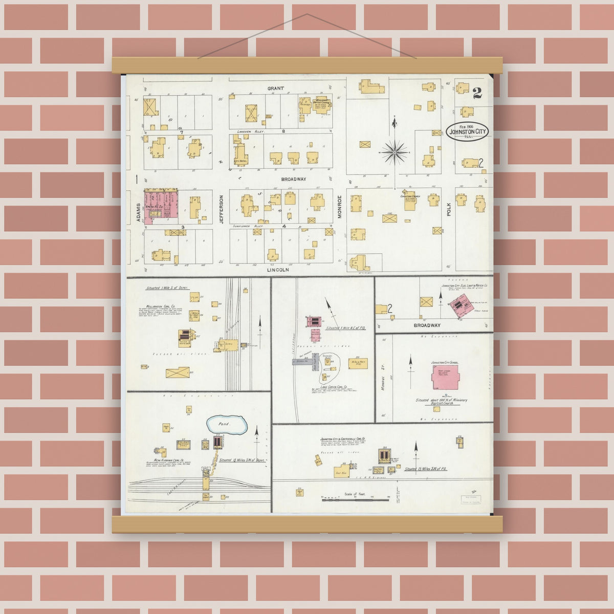 Old map wall art mockup — magnetic wood frame on brick wall — Sanborn Fire Insurance Map from Johnston City, Williamson County, Illinois (1906), Sheet #0002