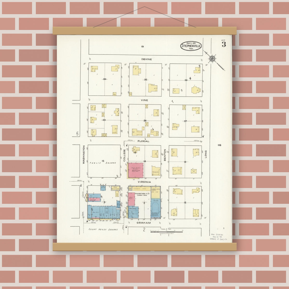 Old map wall art mockup — magnetic wood frame on brick wall — Sanborn Fire Insurance Map from Stephenville, Erath County, Texas (1921), Sheet #0003