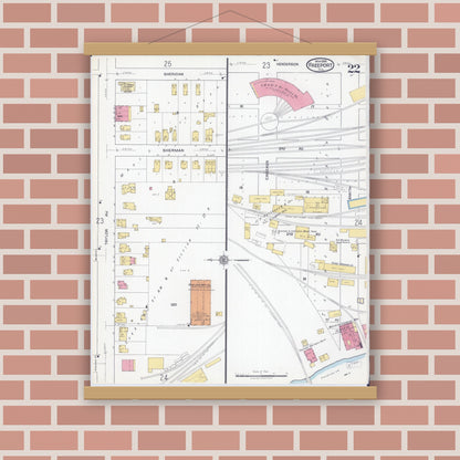 Old map wall art mockup — magnetic wood frame on brick wall — Sanborn Fire Insurance Map from Freeport, Stephenson County, Illinois (1918), Sheet #0022