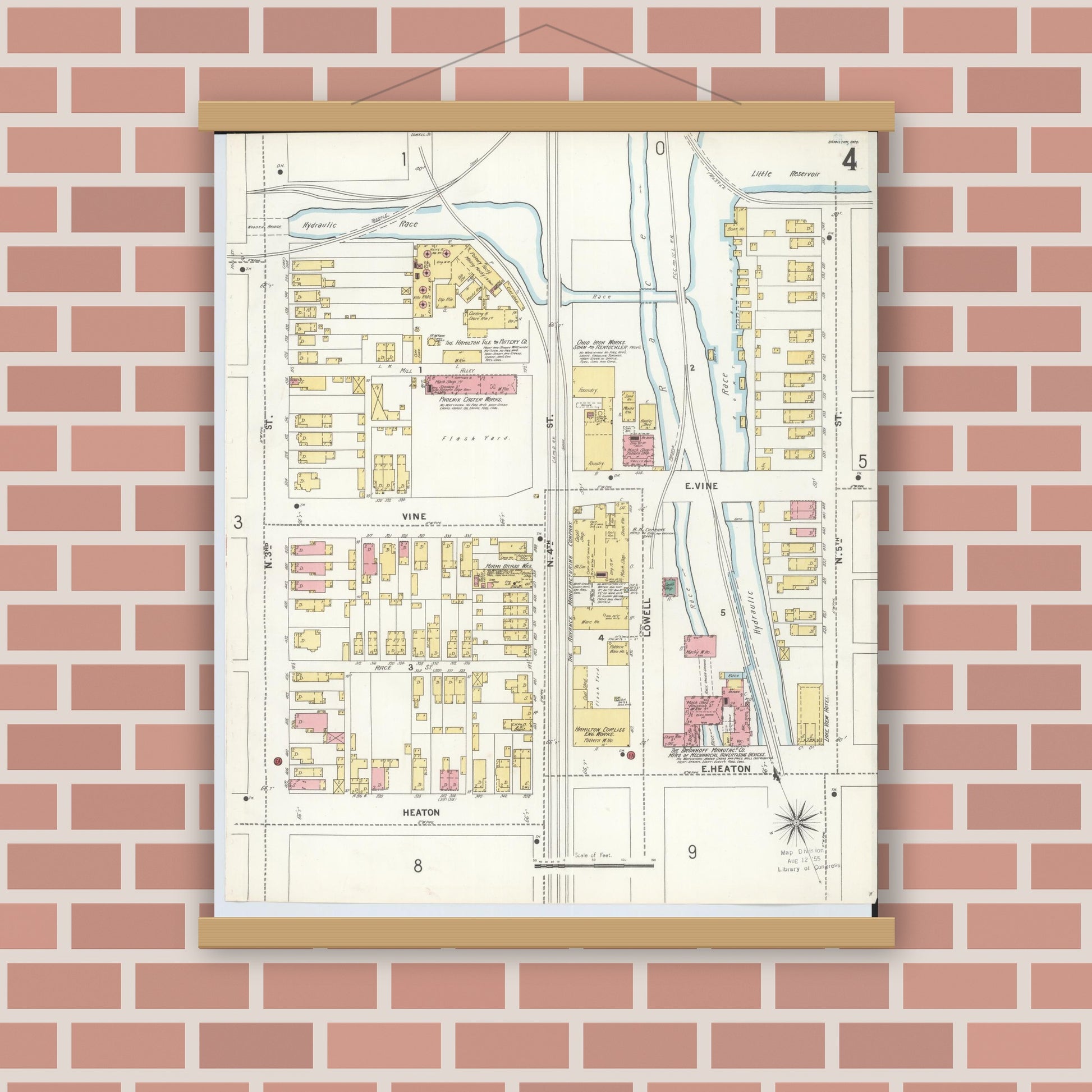 Old map wall art mockup — magnetic wood frame on brick wall — Sanborn Fire Insurance Map from Hamilton, Butler County, Ohio (1899), Sheet #0004