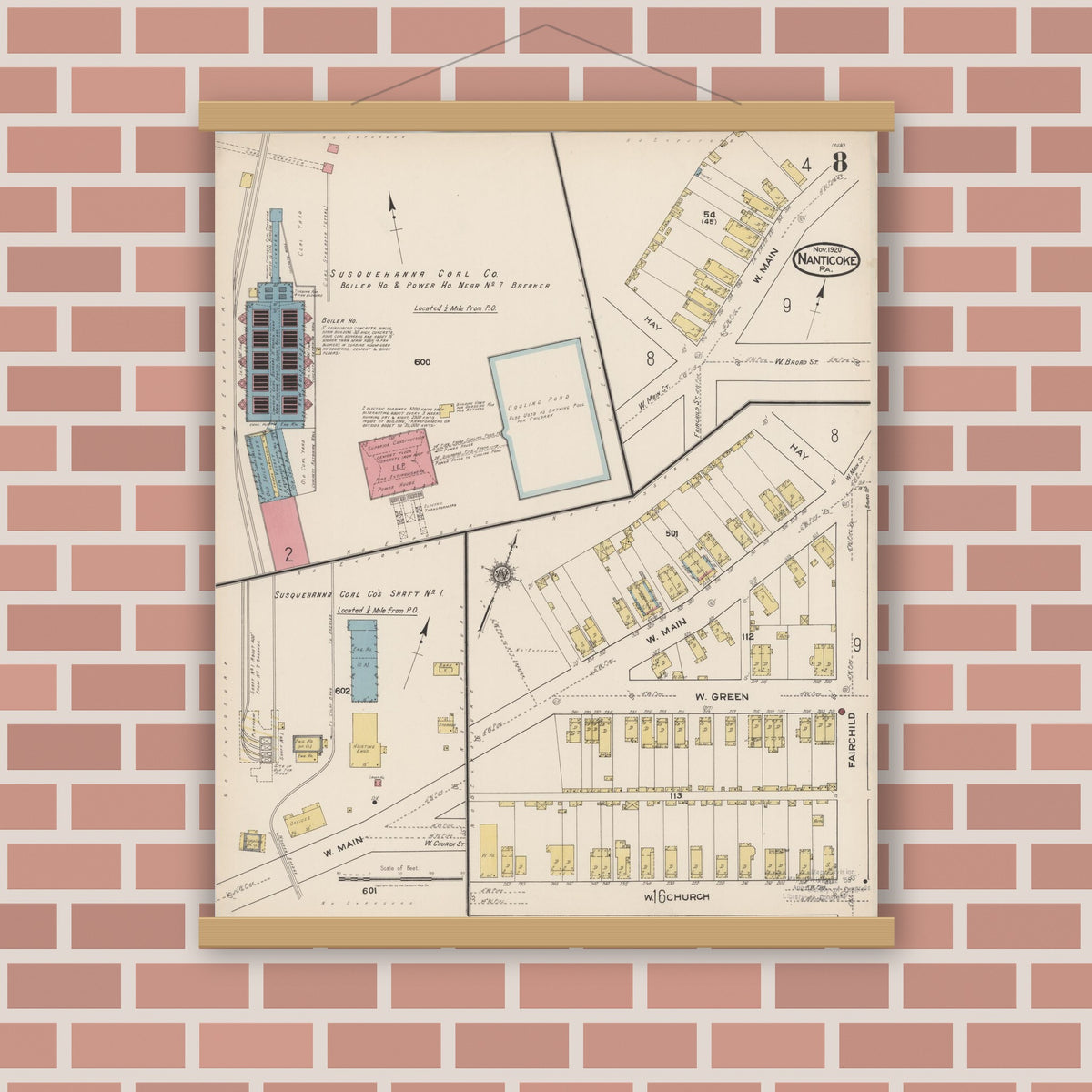 Old map wall art mockup — magnetic wood frame on brick wall — Sanborn Fire Insurance Map from Nanticoke, Luzerne County, Pennsylvania (1920), Sheet #0008