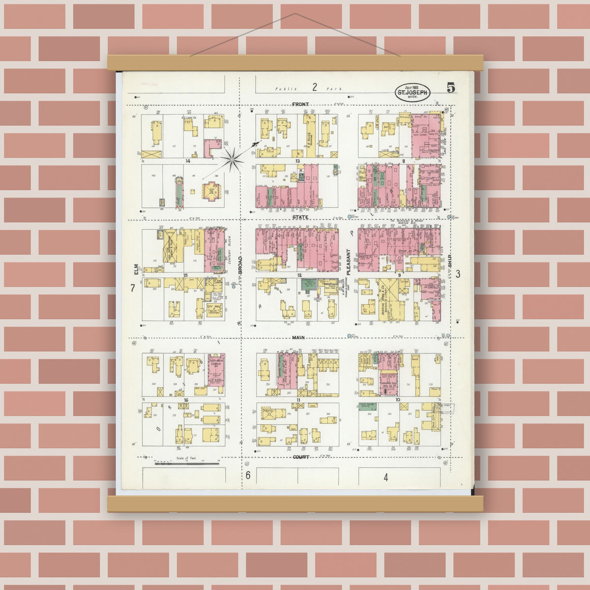 Old map wall art mockup — magnetic wood frame on brick wall — Sanborn Fire Insurance Map from Saint Joseph, Berrien County, Michigan (1902), Sheet #0005