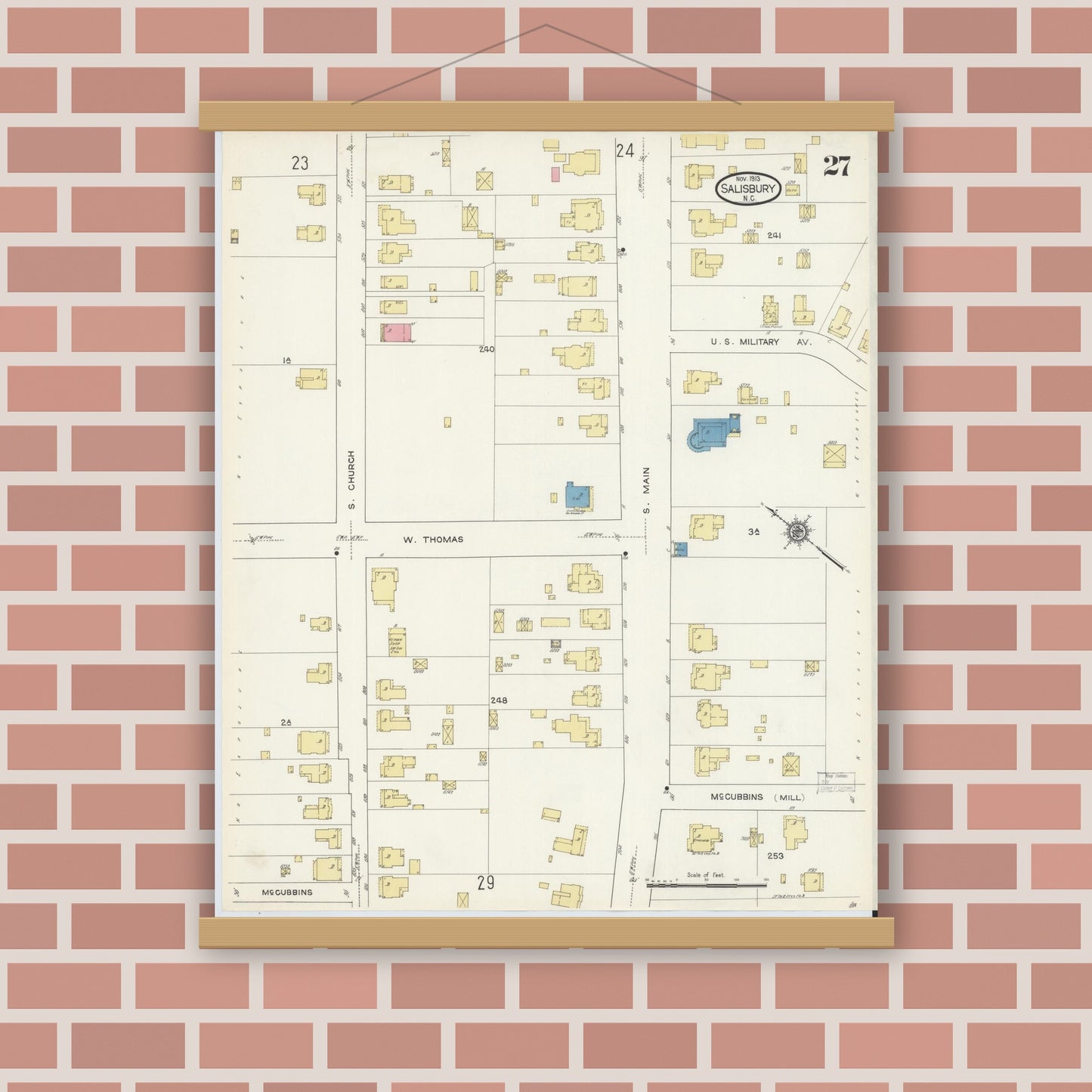 Old map wall art mockup — magnetic wood frame on brick wall — Sanborn Fire Insurance Map from Salisbury, Rowan County, North Carolina (1913), Sheet #0027