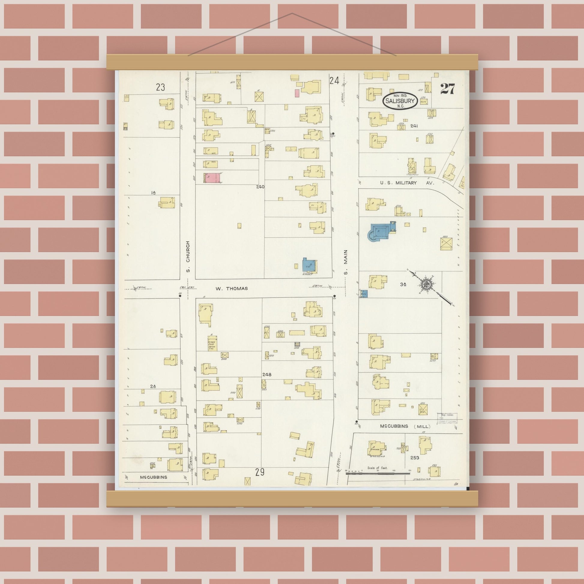 Old map wall art mockup — magnetic wood frame on brick wall — Sanborn Fire Insurance Map from Salisbury, Rowan County, North Carolina (1913), Sheet #0027
