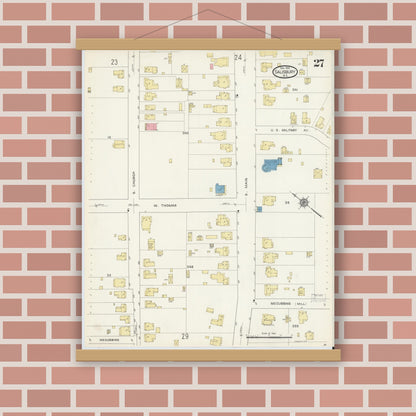 Old map wall art mockup — magnetic wood frame on brick wall — Sanborn Fire Insurance Map from Salisbury, Rowan County, North Carolina (1913), Sheet #0027