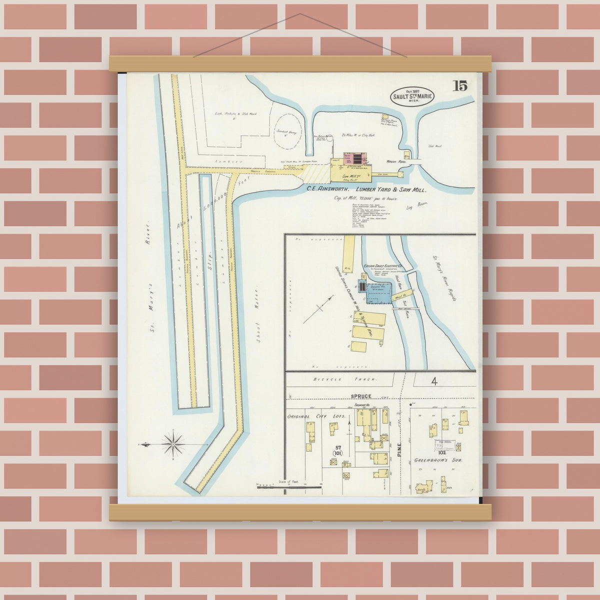 Old map wall art mockup — magnetic wood frame on brick wall — Sanborn Fire Insurance Map from Sault Sainte Marie, Chippewa County, Michigan (1897), Sheet #0015