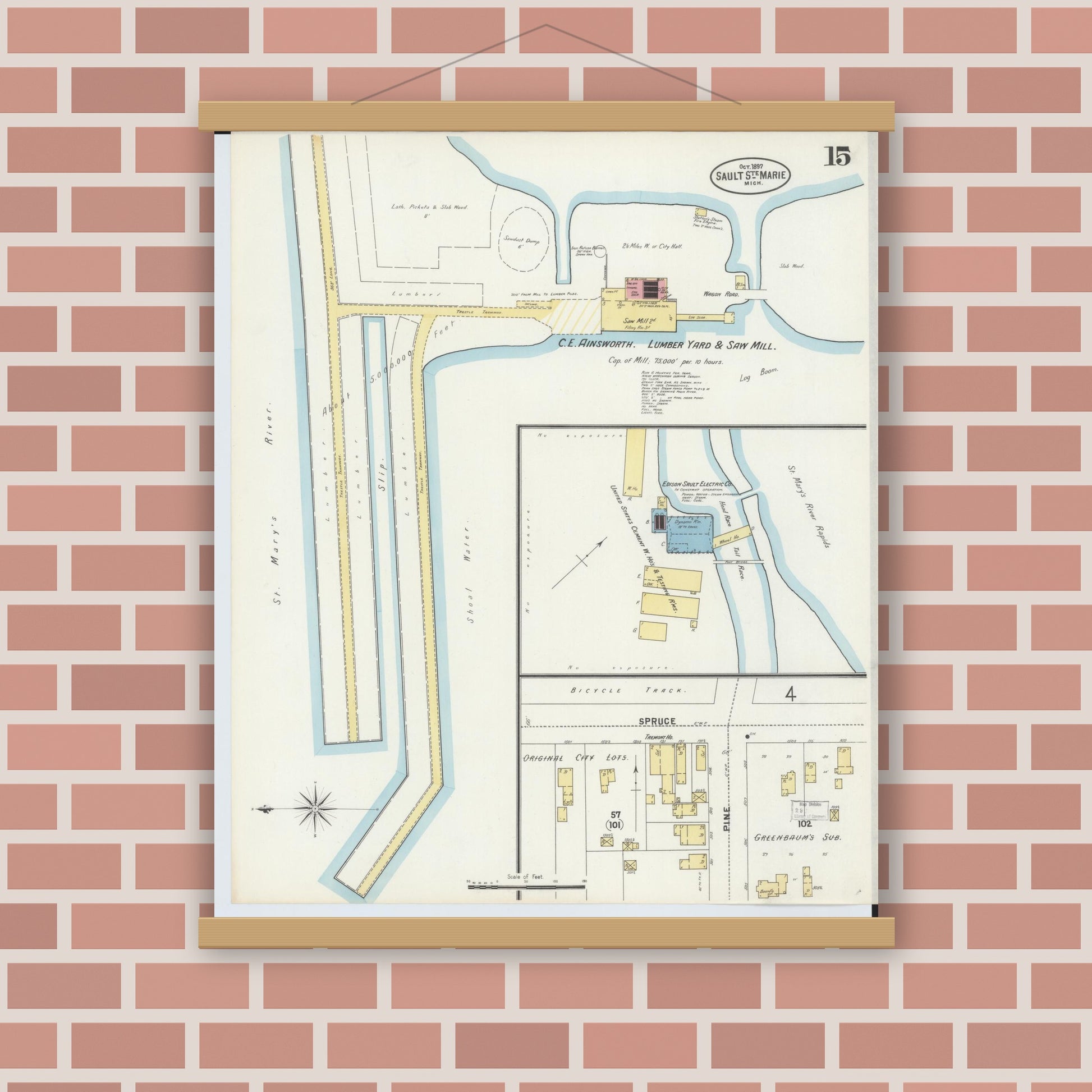Old map wall art mockup — magnetic wood frame on brick wall — Sanborn Fire Insurance Map from Sault Sainte Marie, Chippewa County, Michigan (1897), Sheet #0015