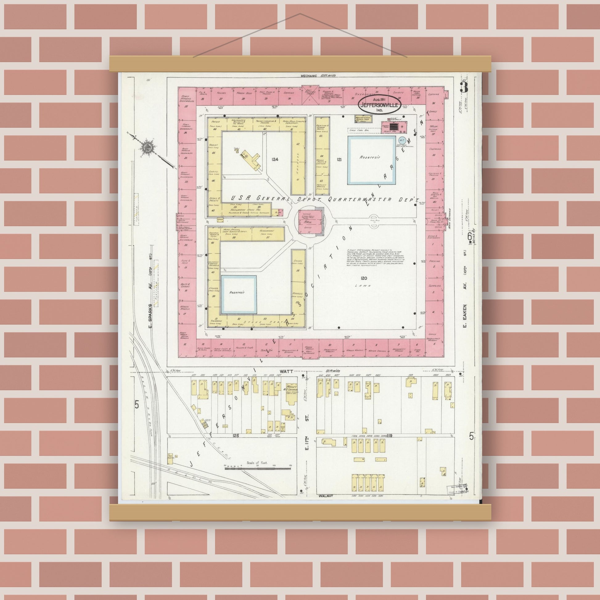 Old map wall art mockup — magnetic wood frame on brick wall — Sanborn Fire Insurance Map from Jeffersonville, Clark County, Indiana (1911), Sheet #0003