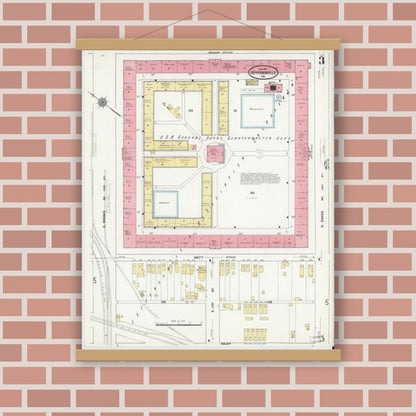 Old map wall art mockup — magnetic wood frame on brick wall — Sanborn Fire Insurance Map from Jeffersonville, Clark County, Indiana (1911), Sheet #0003