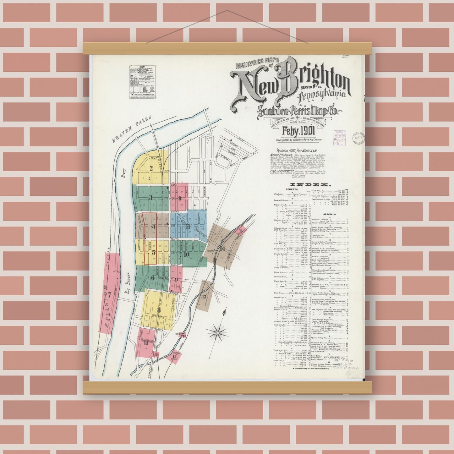 Old map wall art mockup — magnetic wood frame on brick wall — Sanborn Fire Insurance Map from New Brighton, Beaver County, Pennsylvania (1901) - Complete Map Set