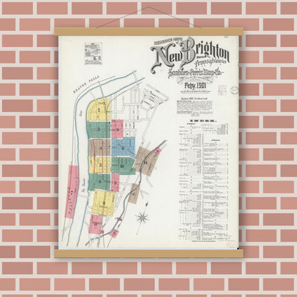 Old map wall art mockup — magnetic wood frame on brick wall — Sanborn Fire Insurance Map from New Brighton, Beaver County, Pennsylvania (1901) - Complete Map Set