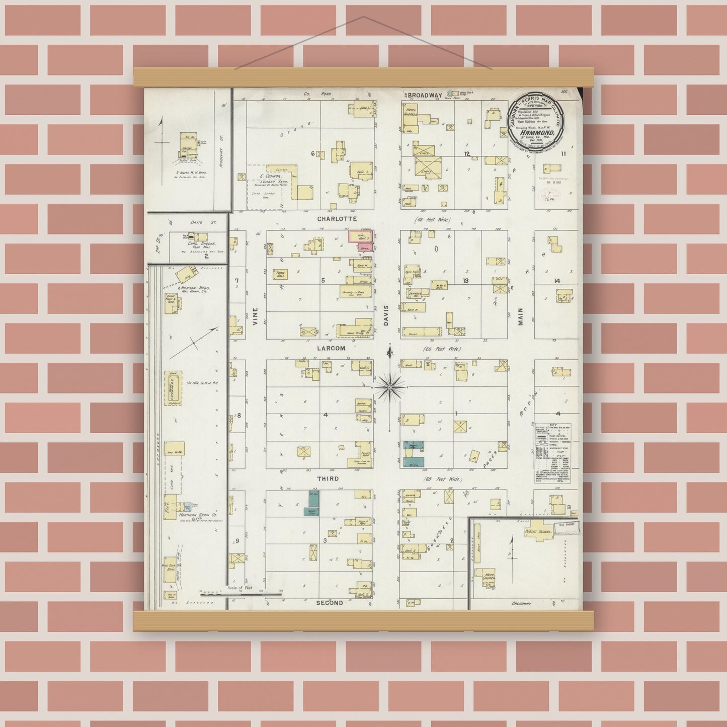 Old map wall art mockup — magnetic wood frame on brick wall — Sanborn Fire Insurance Map from Hammond, St. Croix County, Wisconsin (1895), Sheet #0001