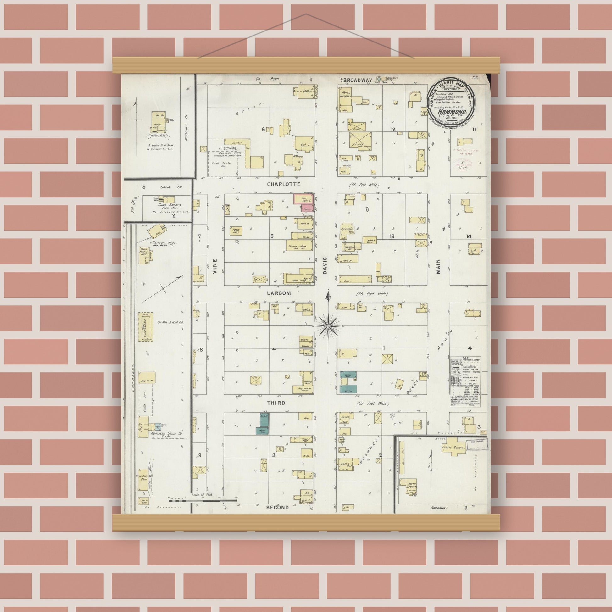 Old map wall art mockup — magnetic wood frame on brick wall — Sanborn Fire Insurance Map from Hammond, St. Croix County, Wisconsin (1895), Sheet #0001