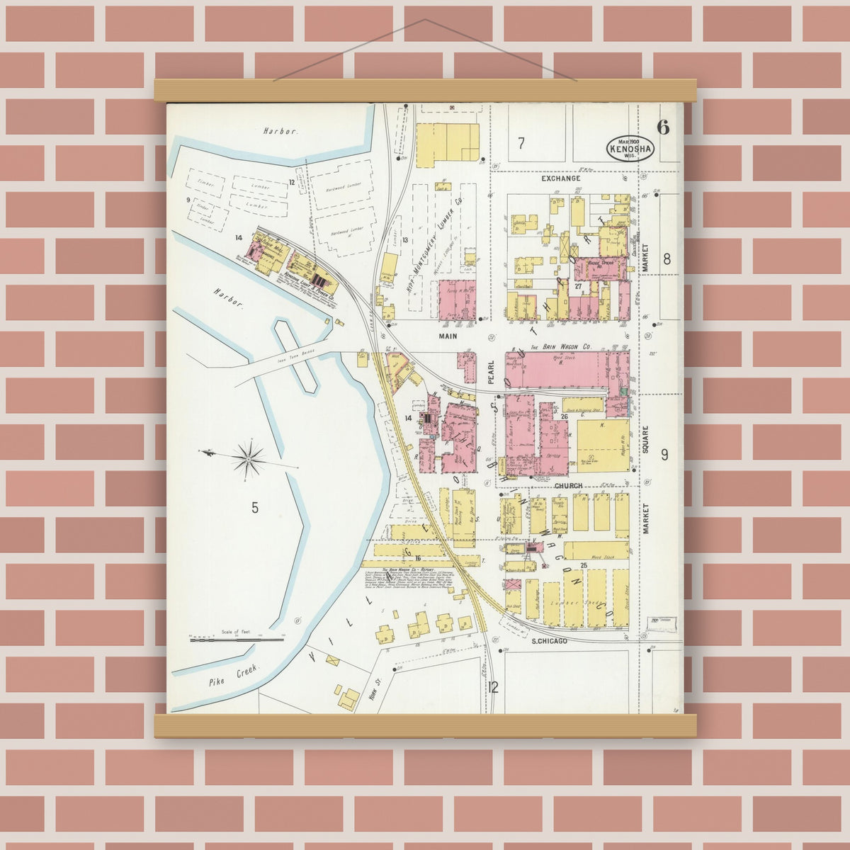 Old map wall art mockup — magnetic wood frame on brick wall — Sanborn Fire Insurance Map from Kenosha, Kenosha County, Wisconsin (1900), Sheet #0006
