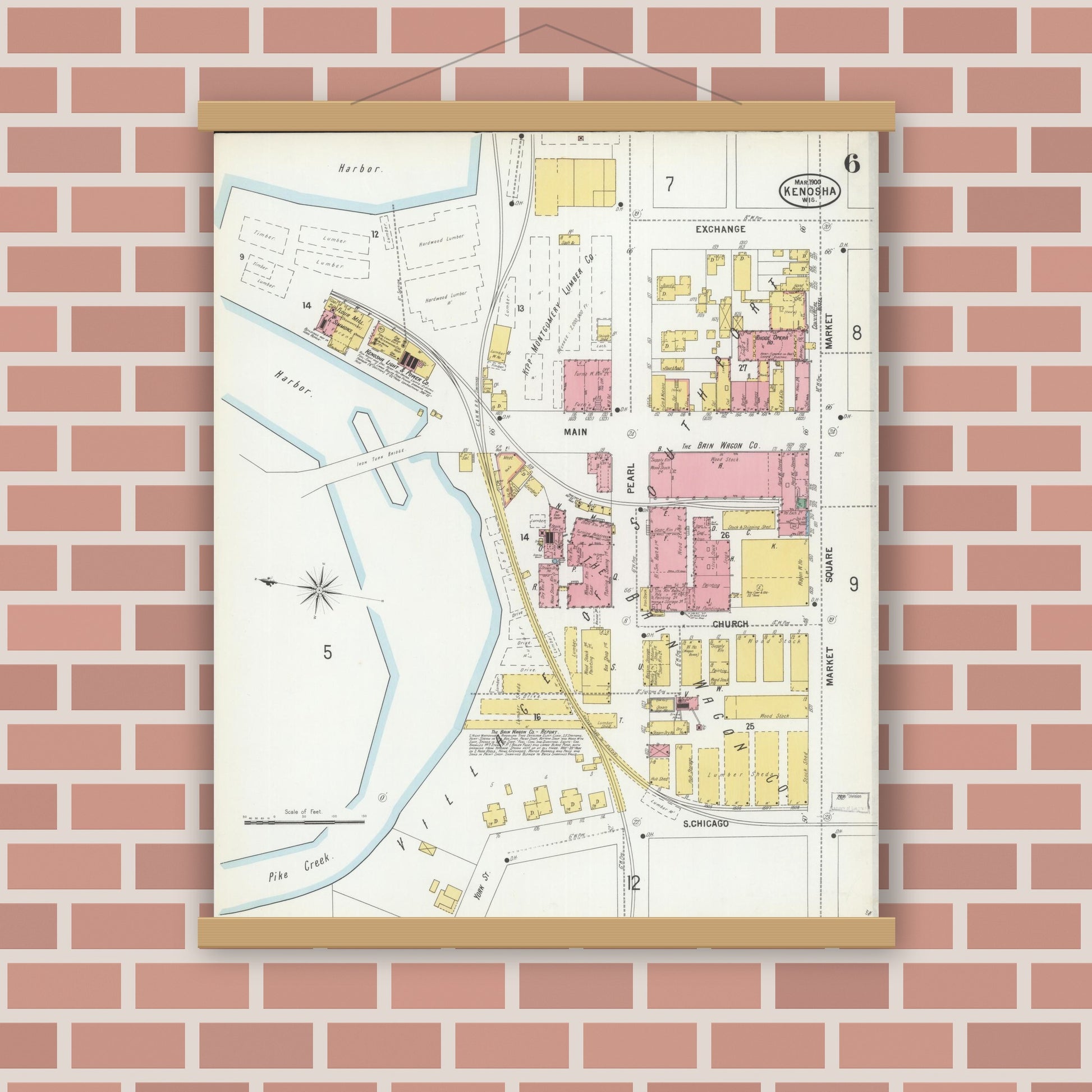 Old map wall art mockup — magnetic wood frame on brick wall — Sanborn Fire Insurance Map from Kenosha, Kenosha County, Wisconsin (1900), Sheet #0006